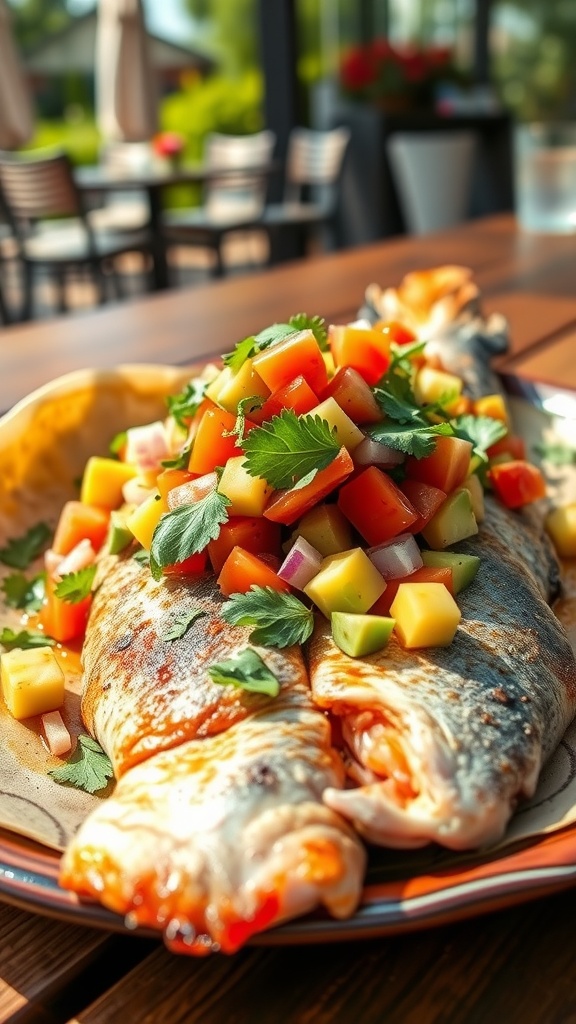 Grilled branzino with avocado salsa on a rustic plate, garnished with tomatoes and cilantro.